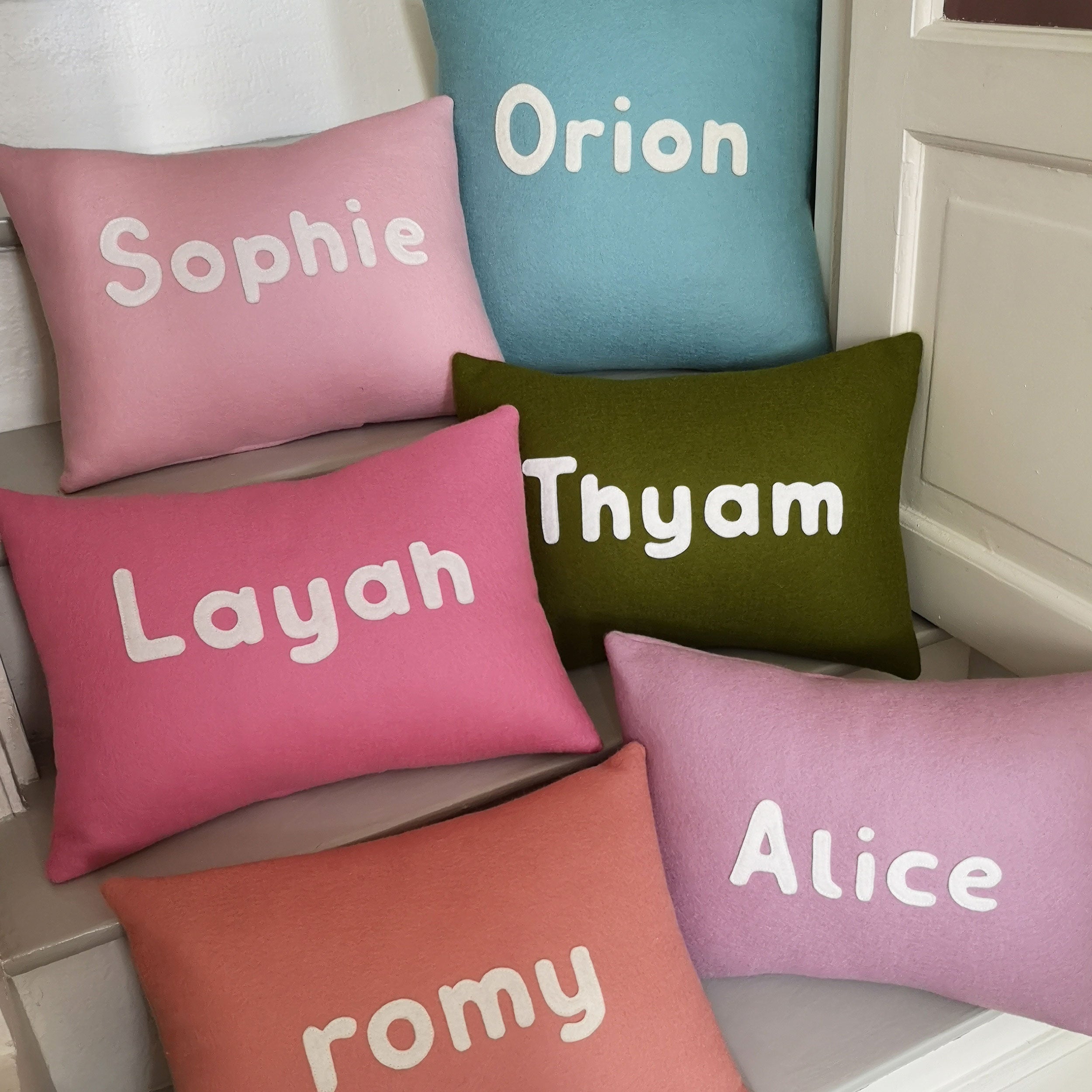 Personalised Cushion With Name in Warm Pink and White Wool Felt The Kids Interiors Store